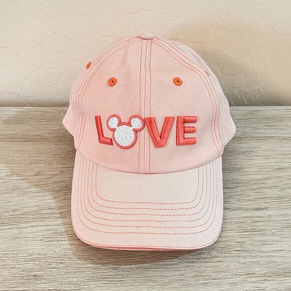 Disney Hat Cap Mickey Mouse Love Pink Peach Coral Stitched - Picture 1 of 7